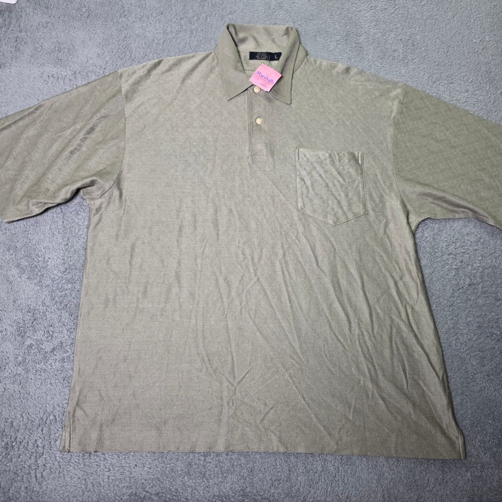 Alexander Julian Mens Large Polo Shirt Sage Green Silk Ramie Herringbone Texture